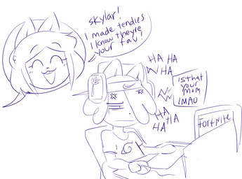 accessory ambiguous_gender angry anthro clothed clothed_anthro clothing computer_keyboard computer_monitor computer_mouse cross-popping_vein desk dialogue duo electronics eyebrow_through_hair eyebrows eyes_closed furniture gaming hair hair_over_eye headband headphones mouth_closed offscreen_character open_mouth open_smile playing_video_game shirt smile speech_bubble t-shirt table text topwear translucent translucent_hair jinu nike june_(jinu) skylar_(jinu) canid canine canis domestic_dog mammal shiba_inu spitz 2018 blue_and_white digital_drawing_(artwork) digital_media_(artwork) english_description english_text hi_res monochrome sketch female_(lore) male_(lore) mother_(lore) mother_and_child_(lore) mother_and_son_(lore) parent_(lore) parent_and_child_(lore) parent_and_son_(lore) son_(lore)