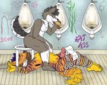 5:4 anthro arms_tied bdsm bondage bound burger canid canine duo eating eating_feces eating_food feces feces_in_mouth feces_on_face food legs_tied lilialynx loof male male/male mammal pooping rim_seat scatplay toilet toilet_paper toilet_slave urinal