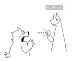 anthro bodily_fluids clicking dialogue duo female gesture hand_gesture open_mouth pointing smile sweat text twistcmyk twist_(twistcmyk) canid canine canis mammal wolf monochrome