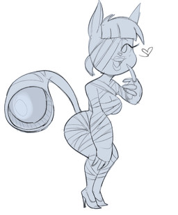 anthro bent_arm bent_legs big_breasts big_eyes big_iris big_mouth_(anatomy) biped breasts claw_fingers clothing costume curvy_figure extended_arm eyebrows eyelashes female footwear hair halloween_costume hand_on_knee hand_on_leg hand_on_own_knee hand_on_own_leg heart_symbol high_heels holidays iris lips long_eyelashes looking_at_viewer mummy_costume mummy_wrappings one_eye_obstructed open_mouth open_smile pointy_ears pose prick_ears shoes short_hair smile smiling_at_viewer solo standing tail teeth thick_arms thick_tail thick_thighs tongue unusual_anatomy unusual_tail white_heart wide_hips wraps dbaru comedy_central drawn_together halloween ni-pul battle_monster felid mammal 2023 blue_and_white digital_drawing_(artwork) digital_media_(artwork) full-length_portrait hi_res monochrome pinup portrait