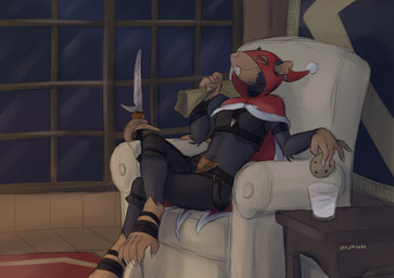 anthro belt black_body black_fur buckteeth cape chair christmas_clothing christmas_headwear clothed clothing cookie dagger ear_piercing feet female food foot_wraps fur furniture headgear headwear holidays melee_weapon milk on_chair partially_clothed piercing red_eyes smile smiling_at_viewer solo teeth weapon wraps sealer4258 christmas warhammer_(franchise) warhammer_fantasy tueetch_ambersnout mammal murid murine rat rodent skaven hi_res