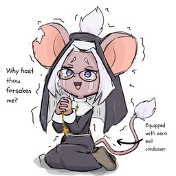 anthro beads biped blue_eyes brown_body butt butt_envy clothing cross cute_fangs dialogue eyelashes fangs female hair huge_ears kneeling kneeling_on_ground mole_on_cheek notched_ear nun_habit nun_outfit open_mouth prayer_beads praying religious_clothing rosary shaking simple_background small_butt solo spiral spiral_eyes tail tail_tuft tears_of_sadness teeth text trembling tuft white_hair saeko_art evil_container lily_(saeko_art) mammal mouse murid murine rodent 1:1 2025 absurd_res alternate_version_at_source english_text hi_res meme