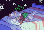 anthro barefoot bed black_background black_clothing blush bodily_fluids clothed clothing dialogue eyes_closed eyewear fantasizing feet fur furniture genital_fluids glasses green_clothing green_eyewear green_glasses horn hug hugging_object hugging_plushie lying male masturbation no_underwear on_bed on_side pillow pink_clothing pink_horn pink_scarf plushie precum robe robe_only scarf shota simple_background solo star tail white_body white_fur young bluberriebun deltarune undertale_(series) ralsei bovid caprine goat mammal 2025 digital_drawing_(artwork) digital_media_(artwork) hi_res