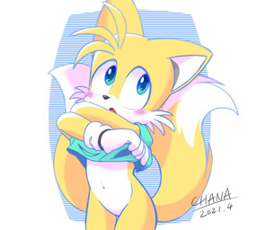 2_tails anthro biped black_nose blue_eyes blush blush_lines bottomless bottomless_male cheek_tuft clothed clothing clothing_lift dipstick_tail facial_tuft featureless_crotch femboy gloves handwear head_tuft looking_away male markings multi_tail multicolored_body navel open_mouth pattern_background shirt shirt_lift shota simple_background solo surprised tail tail_markings topwear tuft two_tone_body undressing white_body yellow_body young young_anthro young_male chana sega sonic_the_hedgehog_(series) miles_prower canid canine fox mammal 2021 colored dated hi_res shaded signature