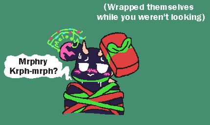 ambiguous_gender anthro arms_tied blue_body blush bodily_fluids bound christmas_present dipstick_ears drooling ear_markings empty_eyes flame_markings gift holidays horn looking_at_viewer markings muffled muffled_speech multicolored_ears purple_body saliva simple_background solo speech_bubble spikes spikes_(anatomy) sweat sweatdrop text melodicfractals christmas rain_world videocult melodic_fractals_(melodicfractals) slugcat hi_res