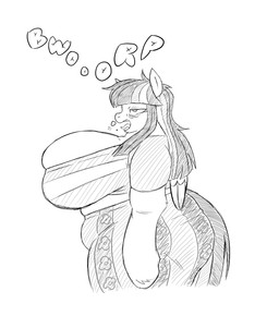 anthro big_breasts big_butt breasts burping butt female fetlocks horn simple_background slightly_chubby solo thick_thighs tired_eyes wings quillyblott friendship_is_magic hasbro my_little_pony mythology twilight_sparkle_(mlp) equid equine mammal mythological_creature mythological_equine winged_unicorn monochrome