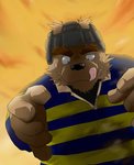 anthro black_nose bodily_fluids brown_body brown_fur clothing fur humanoid_hands kemono male outside overweight overweight_anthro overweight_male rugby shirt solo sweat tongue tongue_out topwear hasukichi canid canine canis domestic_dog mammal 2010