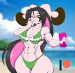 abs anthro beach beverage beverage_can bikini black_hair black_nose breasts cleavage clothed clothing female green_eyes hair muscular muscular_anthro muscular_female seaside soda solo swimwear two-piece_swimsuit mastergodai rascals jazmin_usagi lagomorph leporid mammal rabbit