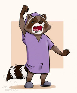 5_fingers anthro bodily_fluids brown_body clothing erection eyes_closed facial_markings fangs fingers fist footwear hat head_markings headgear headwear male markings mask_(marking) nightcap nightgown open_mouth ring_(marking) ringed_tail shoes slippers solo striped_markings striped_tail stripes tail tail_markings tears teeth tenting yawn yawning_position adriano_berjillos pb_and_j_otter walter_raccoon mammal procyonid raccoon hi_res