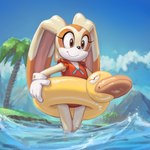 anthro clothing cloud day female gloves handwear inflatable inner_tube mountain one-piece_swimsuit palm_tree partially_submerged plant smile solo swimwear tree water young young_female kujalla sega sonic_the_hedgehog_(series) cream_the_rabbit lagomorph leporid mammal rabbit 1:1 2024 hi_res