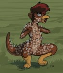 4_toes anthro bodily_fluids brown_body brown_fur chicken_costume clothing clucking costume crouching digitigrade feathers feet fur grey_eyes hair humiliation male painted_feet raised_tail solo tail tears toes tongue tongue_out marsminer keith_(marsminer) mammal mustelid otter