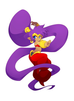 blue_eyes clothing dark_body dark_skin ear_piercing female hair humanoid_pointy_ears long_hair not_furry piercing pointy_ears ponytail purple_hair shortstack shortstack_female simple_background smile solo gunmouth shantae_(series) wayforward shantae genie humanoid 2015 absurd_res hi_res