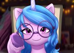 blue_hair close-up eyewear female glasses hair hooves horn purple_eyes solo marenlicious hasbro mlp_g5 my_little_pony mythology izzy_moonbow_(mlp) equid equine mammal mythological_creature mythological_equine unicorn headshot_portrait hi_res portrait