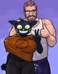 anthro beard big_breasts black_body black_fur bodily_fluids bottomwear breast_grab breasts brown_hair canon_x_oc clothed clothing duo facial_hair female female_anthro fur gesture grin hair hand_gesture hand_on_breast huge_breasts human_on_anthro interspecies male male/female male_human pants smile sweat sweatdrop thumbs_up whiskers latchk3y night_in_the_woods abryssle mae_borowski domestic_cat felid feline felis human mammal hi_res