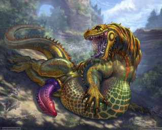 animal_genitalia belly big_belly claws erection feral genital_slit genitals male open_mouth penis scales solo tail teeth text tongue vore conditional_dnp danza capcom monster_hunter patreon fanged_wyvern great_jagras scalie 2025 hi_res