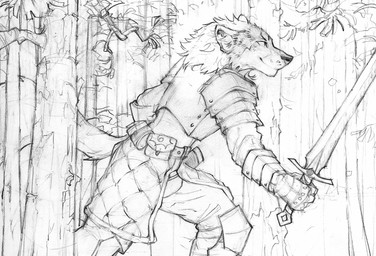 anthro armor closed_smile clothed clothing forest holding_melee_weapon holding_object holding_sword holding_weapon male melee_weapon mouth_closed outside plant side_view slight_smile smile solo sword tree weapon akatan_art canid canine mammal hi_res monochrome