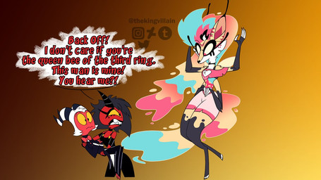 anthro carrying_another carrying_partner female group jealous male male/female text threatening trio thekingvillain hellaverse helluva_boss millie_(helluva_boss) moxxie_(helluva_boss) queen_bee-lzebub_(helluva_boss) animal_humanoid canid canid_humanoid canine canine_humanoid fox_humanoid humanoid imp mammal mammal_humanoid 16:9 english_text widescreen
