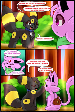 ambiguous_gender bag blue_collar blush boop collar dialogue duo feral green_scarf nose_boop scarf speech_bubble text rockii nintendo pokemon eeveelution espeon generation_2_pokemon pokemon_(species) umbreon comic english_text hi_res female_(lore) male_(lore)