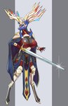 anthro antlers armor big_breasts biped black_body blue_body blue_eyes blue_fur breasts cape cleavage clothed clothing female fur greaves grey_background holding_melee_weapon holding_object holding_sword holding_weapon horn melee_weapon panties simple_background solo sword unconvincing_armor underwear weapon chorsinnell39 nintendo pokemon generation_6_pokemon legendary_pokemon pokemon_(species) xerneas xerneas_(active_mode) absurd_res digital_media_(artwork) hi_res