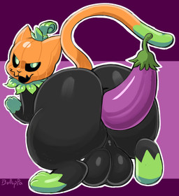 anal anal_penetration backsack balls big_balls big_butt black_body black_fur black_sclera butt cat_tail dipstick_tail eggplant eggplant_emoji feral food food_fetish food_in_ass food_insertion food_play for_a_head fruit fur genitals green_body green_eyes green_fur huge_butt improvised_sex_toy looking_at_viewer looking_back looking_back_at_viewer male male_penetrated markings object_in_ass open_mouth open_smile paws penetration plant pumpkin pumpkin_head rear_view smile solo tail tail_markings wide_hips bulluppa pumkat domestic_cat felid feline felis mammal object_head 2025 hi_res signature