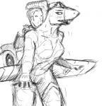 1:1 a-10 aircraft airplane alternate_species blush breasts duo female human humanoid humanoidized jet living_aircraft living_machine living_vehicle looking_back machine male mammal monochrome not_furry unknown_artist vehicle wings