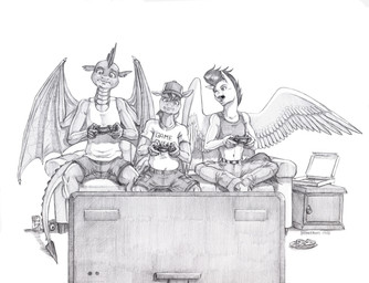 anthro barefoot baseball_cap bottomwear clothed clothed_anthro clothed_male clothing controller electronics feathered_wings feathers feet food fur game_controller group hair hat headgear headwear male membrane_(anatomy) membranous_wings midriff navel pizza shirt shorts spread_wings tank_top television topwear trio veiny_wings wings baron_engel friendship_is_magic hasbro my_little_pony mythology button_mash_(mlp) rumble_(mlp) spike_(mlp) dragon equid equine horse mammal mythological_creature mythological_equine mythological_scalie pegasus scalie