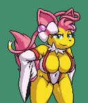 anthro bedroom_eyes big_breasts breasts cleavage clothed clothing eyewear female fur glasses green_eyes narrowed_eyes navel pink_body pink_fur pink_tail ribbons ribbons_(anatomy) seductive showing_chest smile smiling_at_viewer smirk smirking_at_viewer solo tail yellow_body yellow_fur isagoodfriend nintendo pokemon volt_(isagoodfriend) eeveelution generation_1_pokemon generation_6_pokemon jolteon pokemon_(species) sylveon