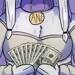 anthro banknote breasts clothed clothing collar female fur hair holding_money holding_object money name_tag white_body white_fur white_hair manyanz humanoid 2024 digital_media_(artwork) hi_res
