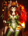 5_fingers anthro armor brown_hair clothed clothing female fingers fire green_eyes hair holding_object smile solo staff unconvincing_armor wide_hips nitricacid solicia canid canine canis mammal digital_media_(artwork) hi_res