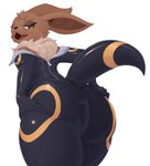 2019 anthro anthrofied big_butt bodysuit brown_body brown_eyes brown_fur butt clothed clothing costume digital_media_(artwork) eevee eeveelution fangs female fur furry_wearing_fursuit fursuit generation_1_pokemon generation_2_pokemon half-closed_eyes hi_res holding_butt huge_butt latex looking_back narrowed_eyes neck_tuft nintendo open_mouth pata pokemon pokemon_(species) pokemon_costume pokemorph rear_view simple_background skinsuit solo tail tan_body tan_fur teeth thick_thighs tight_clothing tuft umbreon white_background zipper