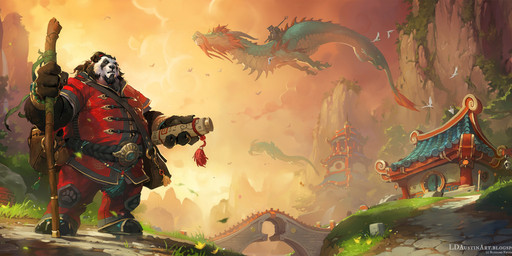 ambiguous_gender anthro black_body black_fur black_hair bridge building clothing cloud day detailed_background feral flying fur grass green_body green_scales group hair holding_object holding_staff holding_stick male mountain outside plant pouch_(clothing) red_clothing riding scales staff standing stick tail text white_body white_fur laurel_austin blizzard_entertainment mythology warcraft chen_stormstout ambient_bird bear dragon mammal mythological_creature mythological_scalie pandaren scalie digital_media_(artwork) hi_res official_art url