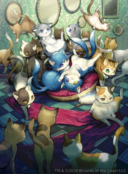 ambiguous_gender bedding black_body black_fur blanket blue_body blue_eyes blue_fur brown_body brown_fur butt featureless_crotch feral floor fur green_eyes group inside lying mirror nude on_back sitting spread_legs spreading tail tile tile_floor white_body white_fur kawasumi hasbro magic:_the_gathering wizards_of_the_coast domestic_cat felid feline felis mammal 2024 digital_media_(artwork) official_art