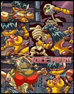 anthro attack belt big_breasts black_hair blue_eyes bone bottomwear breasts brown_body brown_eyes brown_fur clothed clothing crop_top dizzy duo female fight fur gloves hair handwear hat headgear headwear huge_breasts jacket mask navel punch shirt shorts skeleton tan_body tan_fur teeth text thick_thighs topwear x-ray_view virus-20 june_coyote ailurid canid canine canis coyote mammal red_panda 2015 comic digital_media_(artwork) english_text