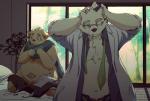 anthro bed belly blush bottomwear cigarette clothing detailed_background duo eyewear furniture glasses hoodie humanoid_hands inside male moobs necktie overweight overweight_male pants scarf smoking topwear underwear ha11nu lifewonders tokyo_afterschool_summoners cu_sith_(tas) leib_(tas) bear canid canine canis domestic_dog mammal polar_bear ursine 2019 hi_res