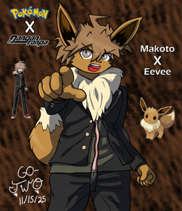 ahoge anthro anthrofied black_clothing brown_body brown_eyes brown_fur cheek_tuft chest_tuft clothing facial_tuft fluffy fluffy_tail fur gesture hair hand_gesture jacket male open_mouth pointing pointing_at_viewer pointy_ears solo spiky_hair tail text topwear tuft go-two danganronpa danganronpa:_trigger_happy_havoc nintendo pokemon spike_chunsoft makoto_naegi eevee generation_1_pokemon pokemon_(species) absurd_res english_text hi_res reference_image