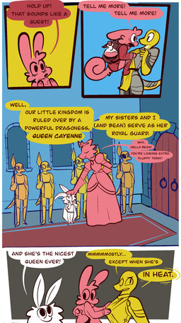 anthro armor bottle castle climbing_on_another container dialogue door female greeting male melee_weapon polearm rug spear speech_bubble text weapon window vanilla_candy mythology unicorn_blood_(comic) bean_(vanilla_candy) briar_(vanilla_candy) cayenne_(vanilla_candy) tulip_(vanilla_candy) arthropod dragon hybrid insect lagomorph lepidopteran mammal moth mythological_creature mythological_scalie reptile scalie snake absurd_res comic english_text hi_res restricted_palette
