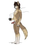 anthro balls beverage brown_body brown_fur brown_hair coffee coffee_mug erection foreskin fur genitals hair looking_at_viewer male nipples nude penile penis simple_background smile solo standing tail xolotl_59 alejandro_(xolotl_59) canid canine canis human mammal wolf absurd_res digital_media_(artwork) hi_res