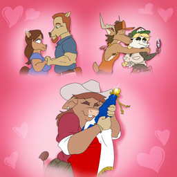 alamo_cigarettes anthro armpit_hair baseball_cap belly belt belt_buckle big_breasts blonde_hair blue_clothing blue_shirt blue_topwear body_hair breasts brown_body brown_fur brown_hair brown_tail_tuft buckle chaps clothing collared_shirt confederate_flag confederate_states_of_america cowboy_hat crop_top dress ear_piercing ear_ring fangs female fur gloves green_eyes group hair handwear hat headgear headwear heart_background heart_symbol holidays hug hug_from_side hugging_another interlocked_fingers kissing_cheek looking_at_another looking_down looking_down_at_partner looking_up_at_partner makeup male mascara mirror mirror_reflection muscular orange_hair piercing polo_shirt pressed_against purple_clothing purple_dress red_clothing red_shirt red_topwear reflection ring_piercing shirt short_female simple_background slightly_chubby slightly_chubby_female tail tail_tuft tall_male tan_clothing tan_topwear tank_top tassels teeth texas texas_flag topwear tuft united_states_of_america bbqnboots40 valentine's_day ally_tinhorn colton_prize kenneth_stag marianne_prize priscilla_vermin american_opossum bovid bovine cattle deer equid equine horse mammal marsupial pony virginia_opossum 1:1 flat_colors hi_res shaded simple_shading