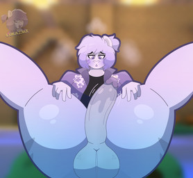 anthro balls big_balls big_butt blush butt fur genitals male marks_on_body nude penis saggy_balls solo thick_thighs white_body white_fur lukazmx mythology calypso_(lukazmx_oc) dragon mythological_creature mythological_scalie scalie hi_res