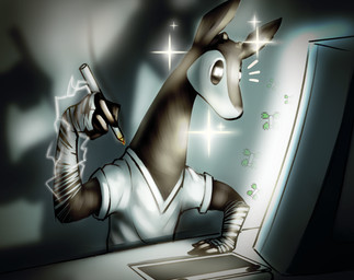 anthro artist clothed clothing desk drawing_tablet electronics furniture holding_object horn male monitor ossicone shadow solo sparkles table tablet tablet_pen wraps wrist_wraps w4g4 disney zootopia fan_character replytoanons_(character) giraffid mammal okapi 2018