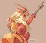 anthro anthrofied big_breasts blue_eyes blush bodily_fluids breast_smother breasts duo embarrassed eyelashes female gesture hair hand_gesture happy larger_female male nipples nude open_mouth pointing pokemorph raised_arm red_body size_difference smaller_male smile smothering standing sweat yellow_sclera honhearthy nintendo pokemon avian bird blaziken chicken combusken galliform gallus_(genus) generation_3_pokemon phasianid pokemon_(species)