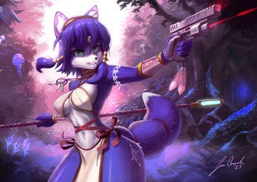 accessory anthro blue_body blue_fur blue_hair bottomwear breasts clothed clothing dipstick_tail female forest fur furgonomics green_eyes gun hair hair_accessory inner_ear_fluff krystal's_staff loincloth markings navel outside plant ranged_weapon short_hair solo staff tail tail_accessory tail_markings tailband tree tuft weapon white_body white_fur jecbrush nintendo star_fox krystal_(star_fox) canid canine fox mammal 2023 hi_res signature