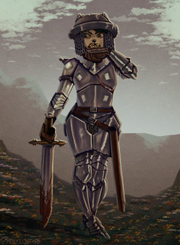 anthro armor clothing cloud female flower gloves handwear headgear helmet knight knight_armor melee_weapon mountain plant solo standing sword warrior weapon pinkurii canid canine canis domestic_dog mammal hi_res