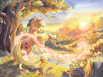 apple blonde_hair cutie_mark day detailed_background female feral food fruit fur grass green_eyes hair hay hooves nude orange_body orange_fur outside plant sky smile solo standing sun tree water the-wizard-of-art friendship_is_magic hasbro my_little_pony applejack_(mlp) equid mammal 2016 detailed traditional_media_(artwork)