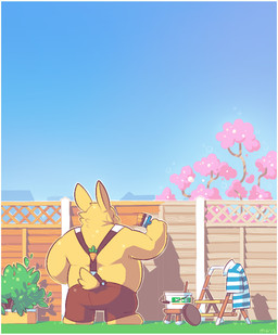 anthro biped border bottomwear brush clothing fence outside overweight paintbrush painting_(object) pants plant solo tree white_border greenendorf lagomorph leporid mammal rabbit 2015