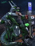 anthro armor armrest bent_arm beverage big_penis bodily_fluids city cityscape cum cum_drip dark_body detailed_background dirty drinking dripping erection fence genital_fluids genitals glistening glistening_body green_body green_eyes green_penis happy holding_beverage holding_object huge_penis humanoid_genitalia humanoid_penis latex latex_body leaning leaning_backward leaning_on_railing looking_at_viewer machine male metal metallic_body muscular muscular_anthro muscular_male night oil oil_can open_mouth outside penis precum precum_drip science_fiction sign sky skyline smile solo standing station tail tongue obfuscator cc-by-nc-nd creative_commons mythology vesper android dragon mythological_creature mythological_scalie robot scalie synth_(vader-san) 2022 3:4 3d_(artwork) digital_media_(artwork) hi_res