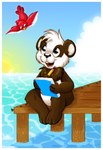 anthro beak cloud day featureless_crotch feet fingers fur holding_object neck_tuft notebook outside pencil_(object) pier sun toes tuft water marinaneira avian bear bird giant_panda mammal hi_res