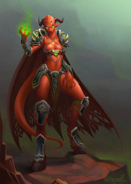 armor breasts cape clothing crossgender female glowing glowing_eyes green_eyes hooves horn magic mtf_crossgender not_furry red_body red_cape red_clothing rock smile solo standing tail unconvincing_armor vanharmontt blizzard_entertainment warcraft kil'jaeden demon demon_humanoid draenei eredar humanoid absurd_res hi_res