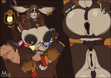 anthro anus areola big_anus big_areola big_breasts big_butt big_ears big_hands big_nipples breasts butt close-up ear_piercing exposed_breasts feet female foot_wraps genitals hand_on_butt hand_on_own_butt hood huge_breasts lamp lantern nipple_piercing nipple_ring nipples piercing potion_bottle presenting presenting_hindquarters puffy_anus pupils ring_piercing slit_pupils smile solo spread_butt spreading vulva wraps yellow_sclera casloafy lagomorph leporid mammal rabbit comic digital_media_(artwork) hi_res