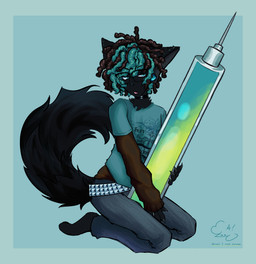 alternative_fashion anthro band_t-shirt belt blue_eyes bottomwear brown_hair choker claws clothing denim denim_bottomwear denim_clothing dreadlocks ear_piercing emo emo_haircut eyewear fluffy fluffy_tail gauged_ear glasses hair highlights_(coloring) jeans jewelry kneeling layered_clothing male multicolored_hair necklace pants piercing sitting solo studded_belt studs syringe tail teal_hair tongue tongue_out two_tone_hair wearing_glasses forbiddenavenue dior_(forbiddenavenue) felid feline mammal hi_res